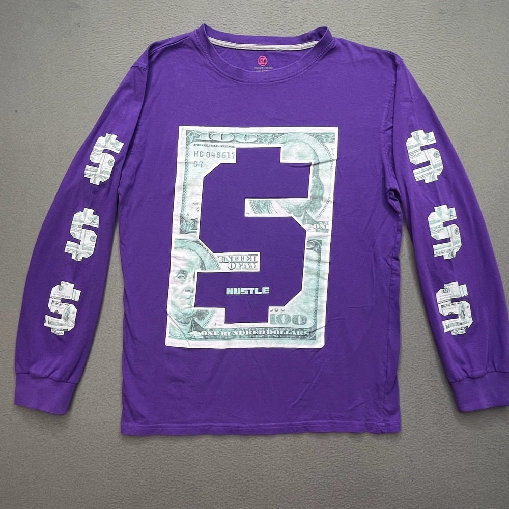 Sacred Crown Men Long Sleeve Shirt Cotton M Purple Hustle Money Streetwear